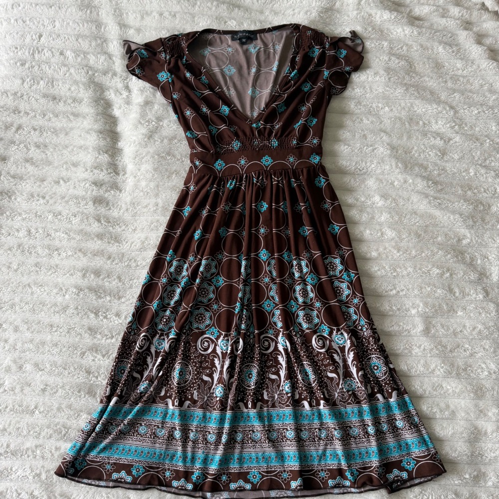 Y2K Rampage Brown Turquoise Floral V-Neck Flutter Sleeve Midi Dress Medium